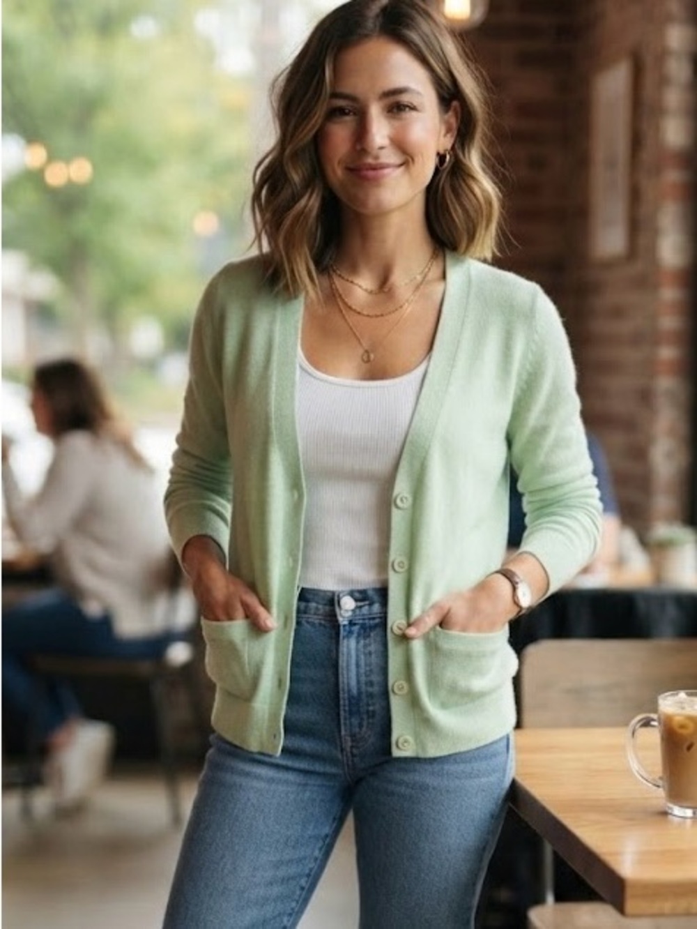 Haggar Light Green Merino Wool Blend V-Neck Cardigan Sweater Preppy Cottagecore